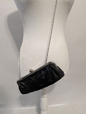Black Textured Faux Leather Clutch with Silver Chain Strap